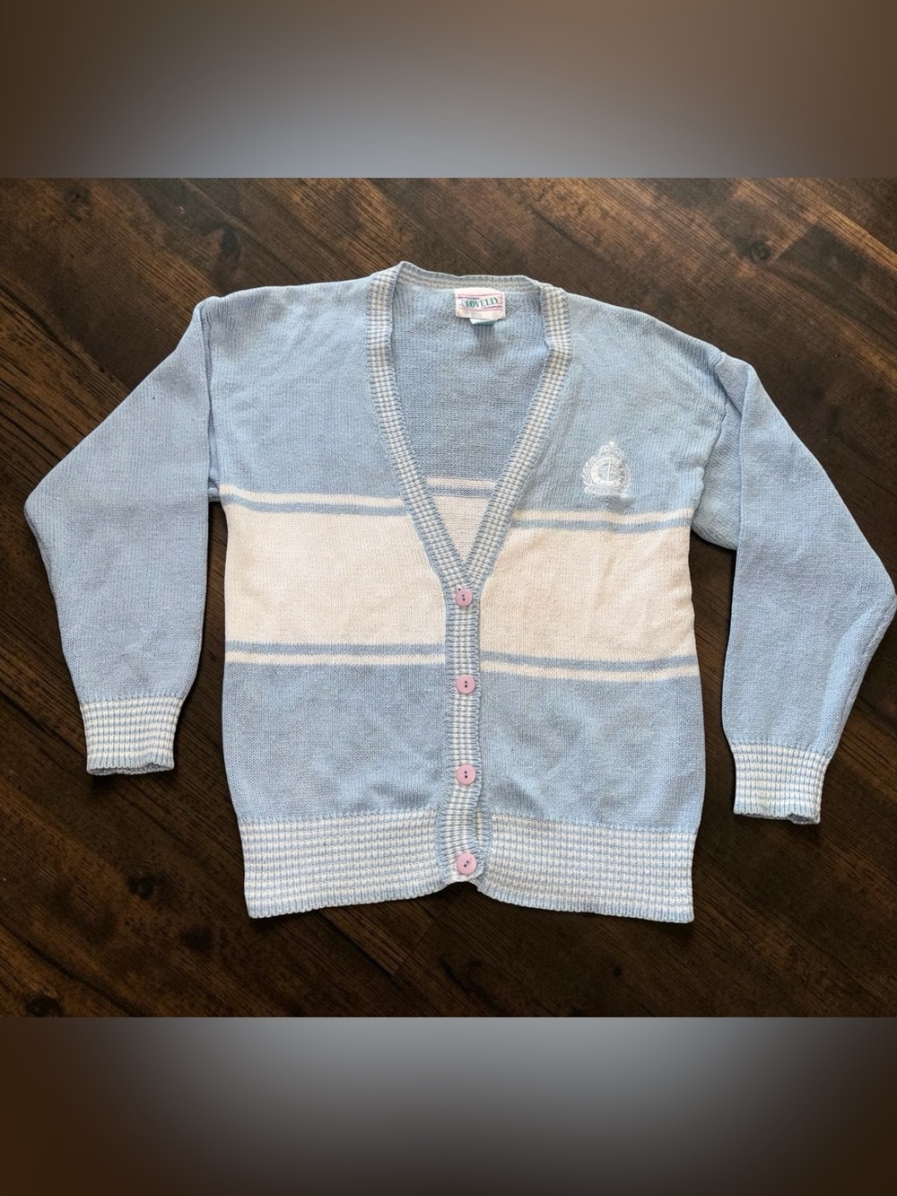 Vintage Clovelly Womens Cardigan Sweater L Blue White Striped Preppy Crest